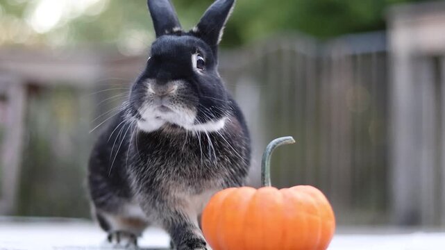 Cute young rabbit with pumpkin turns head and sticks out tongue before hopping away slo mo