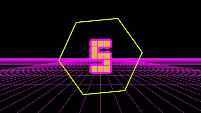 Premium 2D animated acid toxic yellow-green 10-second countdown timer featuring retro perspective grid, glowing hexagon frame, block digits, and transparent alpha background.