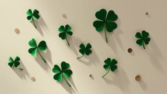 Green Clover Leaf Plant Arrangement on Cream Background, Festive Lucky Botanical Display