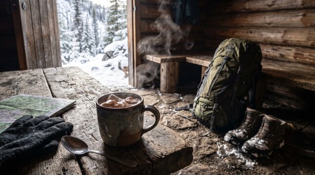 Cozy winter cabin scene with hot chocolate and backpack, snow covered trees visible outside