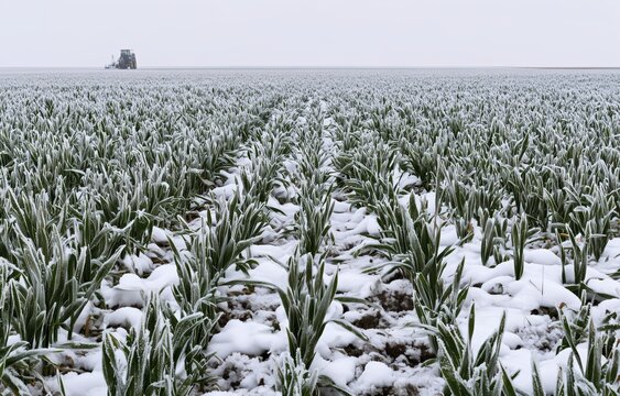 Frozen wheat field in Europe affected by frost and snow