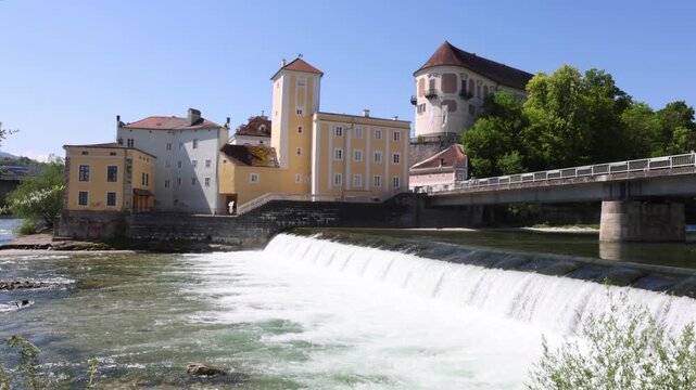 Waterfall on the River Enns with water tower and Lamberg Castle, Steyr, Upper Austria, Austria