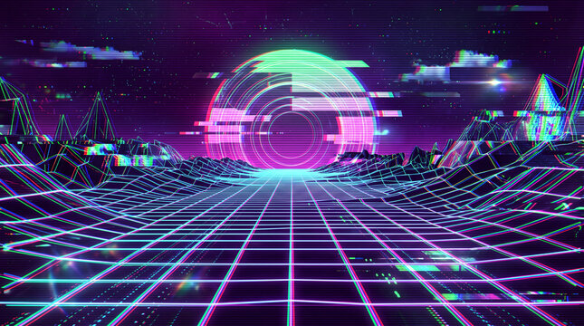 Glitch Y2K digital grid landscape