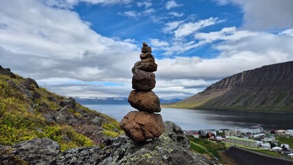 Symbolic rocks pyramid on the hill of Seydisfjordur, East Iceland. © Mariya