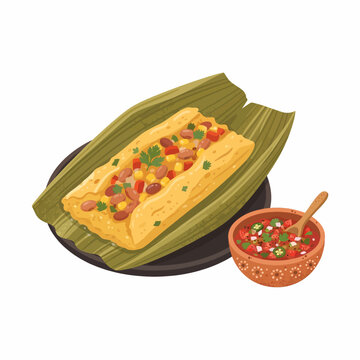 An opened corn husk holding a soft tamale filled with seasoned beans and vegetables, with a small bowl of salsa beside it.