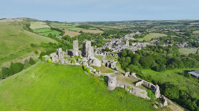 Ruins of Corfe Castle from a drone, Corfe Village, Purbeck Hills, Dorset, England, United Kingdom