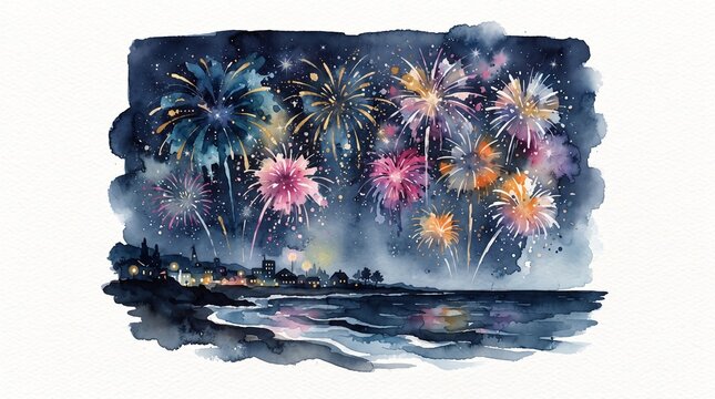 Watercolor fireworks display over a coastal town at night with reflections in the water