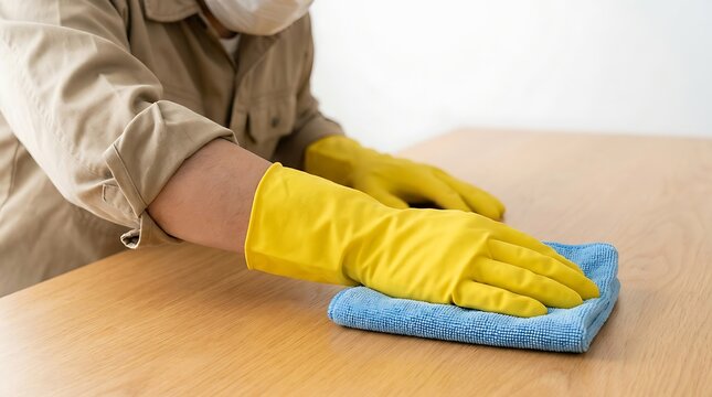 Person in yellow gloves cleaning a wooden table with a microfiber cloth.