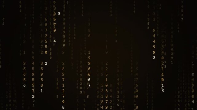 Amber gold digital rain of falling numbers and code streams, retro computer terminal data technology background, seamless loop