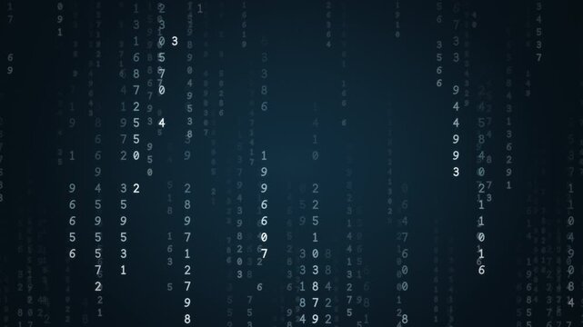 Icy blue digital rain of falling numbers and code streams, cool futuristic data technology background, seamless loop