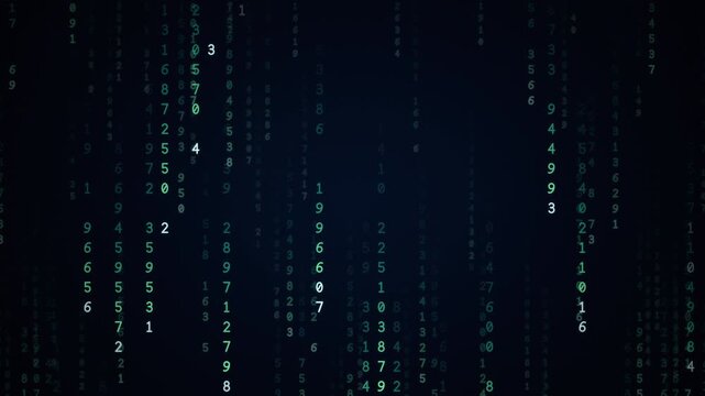 Teal and mint green digital rain of falling numbers and code streams on dark navy, cyber data technology background, seamless loop