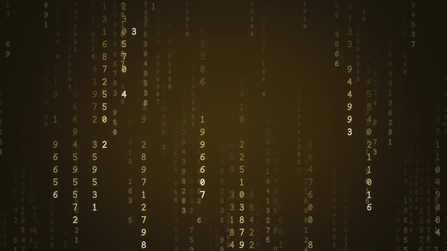 Golden yellow digital rain of falling numbers and code streams, warm data technology background, seamless loop