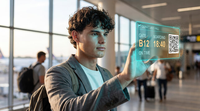 Determined traveler touching holographic airport gate information and boarding time with QR code