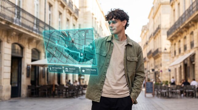 Adventurous tourist exploring old town with holographic walking route map and nearby museum guide