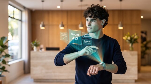 Effortless guest controlling hotel room and breakfast through holograms from smartwatch in lobby