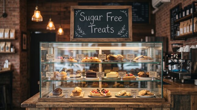 Glass bakery display case filled with artisan sweets and muffins under a sugar free treats chalkboard sign in a rustic vintage cafe interior