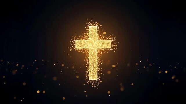 Golden Cross with Glowing Light and Sparkling Particles Dark Background, Christian Religious Symbol