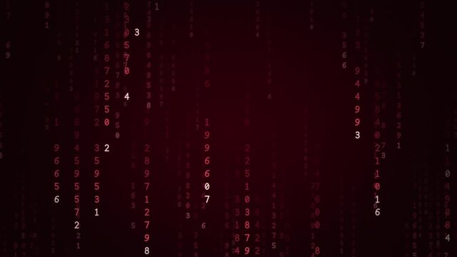 Red digital rain of falling numbers and code streams on dark crimson, cyber data technology background, seamless loop