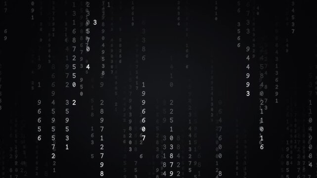 Silver and white monochrome digital rain of falling numbers and code streams on black, sleek data technology background, seamless loop