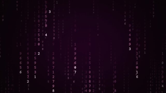 Deep plum and pink digital rain of falling numbers and code streams, dark data technology background, seamless loop