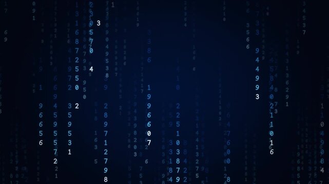 Corporate blue digital rain of falling numbers and code streams, business data technology background, seamless loop