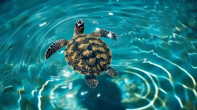 Sea Turtle Swimming Through Clear Turquoise Water, Sunlit Marine Animal in Motion