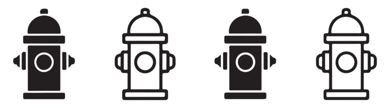 Fire hydrant vector icon collection showing solid and outline style for municipal safety signaling.