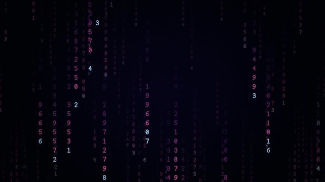 Purple and pink digital rain of falling numbers and code streams with blue highlights, cosmic cyber data background, seamless loop