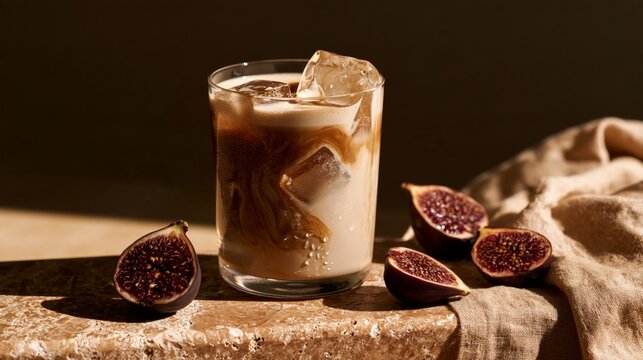 iced coffee with creamy swirls and fresh figs
