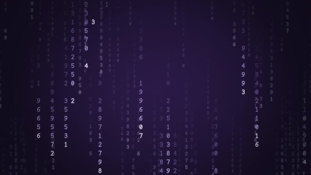 Lavender purple digital rain of falling numbers and code streams, calm data technology background, seamless loop