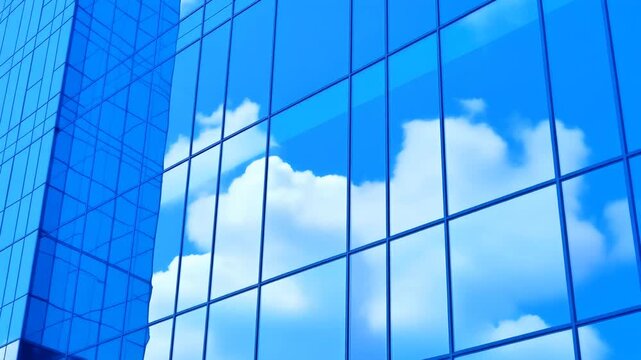 硬質なビルのガラスファサードに映り込む青空と白い雲のリアルな質感が美しい都市と自然の対比を描く細部