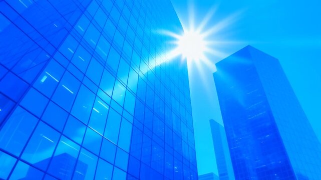 降り注ぐ太陽の光を受け青空のもとで爽やかに輝く近代オフィスタワーを見上げる圧倒的スケールの都市風景