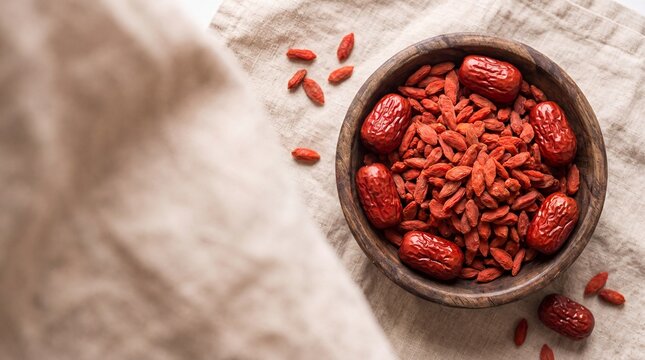 Dried goji berries and red jujubes in wooden bowl top view