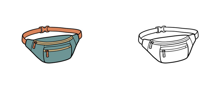 Fanny pack cartoon vector illustration in blue and orange colors with zippers and adjustable strap presented in flat color and black line styles on white background