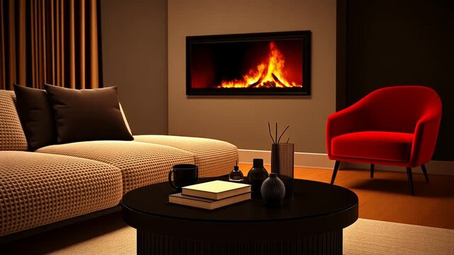 暖炉の温かい炎と洗練されたモダンソファやコーヒーテーブルが調和する上質なリビングのメインエリア