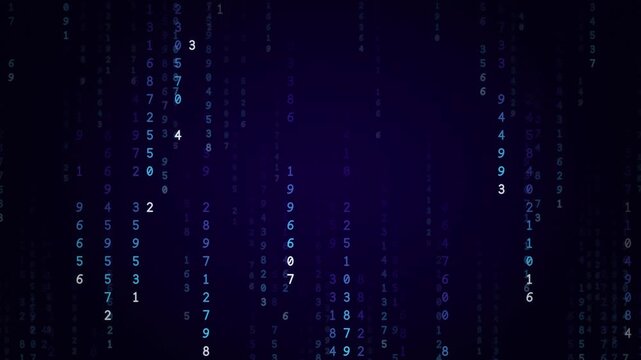 Electric violet and blue digital rain of falling numbers and code streams, ultraviolet cyber data background, seamless loop