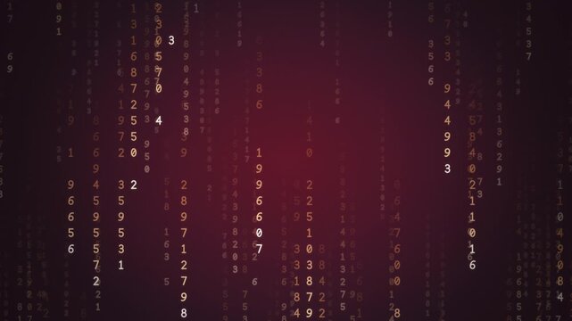 Retro red and orange digital rain of falling numbers and code streams, vintage style data technology background, seamless loop