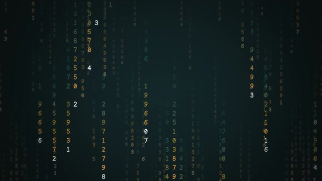 Teal and orange digital rain of falling numbers and code streams, industrial data technology background, seamless loop