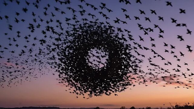 Huge flock of birds swirling in sunset sky