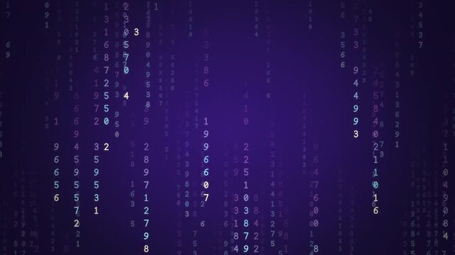 Iridescent pink and aqua digital rain of falling numbers and code streams, dreamy data technology background, seamless loop