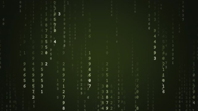 Olive green and pale sage digital rain of falling numbers and code streams, organic eco data technology background, seamless loop
