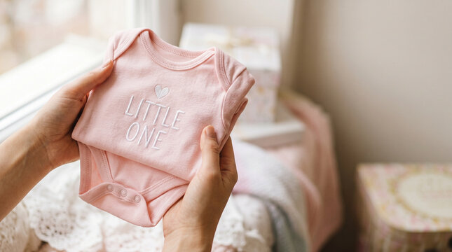 Hands holding pink baby bodysuit in a nursery. Baby shower gift and newborn clothing. Pregnancy, parenthood and welcoming a new baby. Infant apparel and gift giving concept.