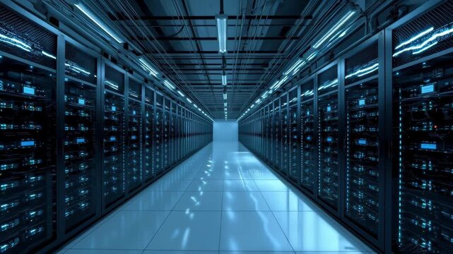 Illuminated Computer Server Room with Blue Data Racks and Reflective Floor