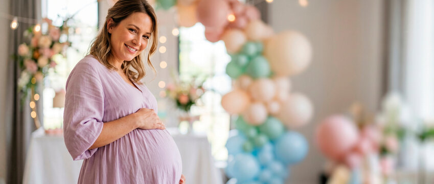 Pregnant woman holding her belly at a baby shower with pastel balloons. Maternity celebration for an expectant mother. Pregnancy, family and welcoming a new baby. Party decor and event