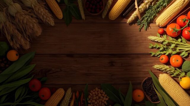 Autumn Harvest Corn, Tomato and Bean Food Display on Rustic Wooden Table