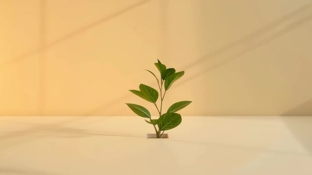 Green plant emerging through crack in minimalist beige floor, casting soft sunlight shadows