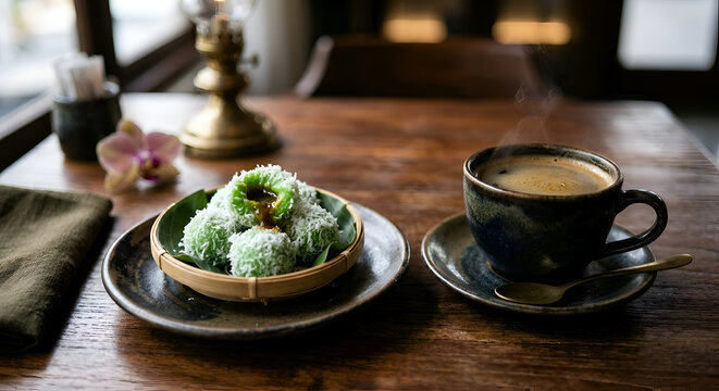 Indonesian green putu ayu cakes and hot coffee on table.