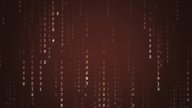 Coral and peach digital rain of falling numbers and code streams, warm vibrant data technology background, seamless loop