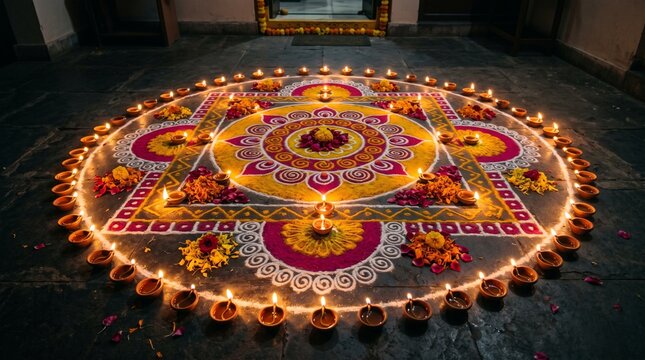 Colorful Floral Rangoli Pattern with Oil Diya Lamps for Diwali Festival