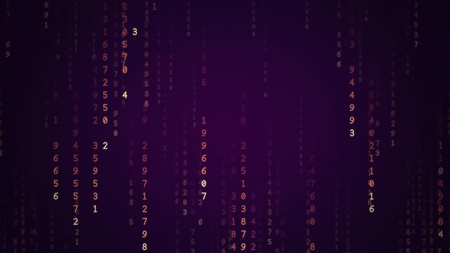 Sunset red and orange digital rain of falling numbers and code streams on purple, fiery data technology background, seamless loop
